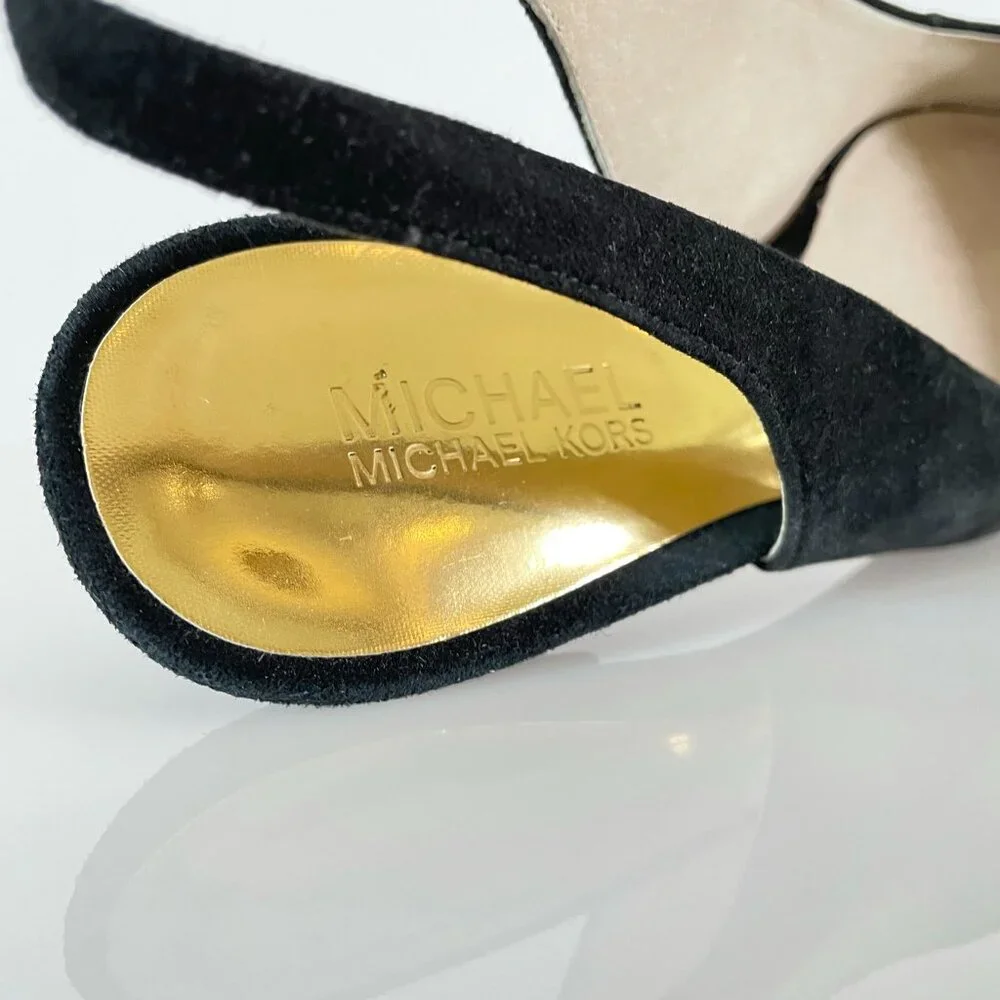 Minimalist | Michael Kors Black Suede Kitten Heel | Feminine Bow Gold Detail 9.5